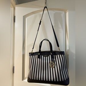 Henri Bendel Centennial Striped Sateen and Leather Purse w/Cross Body Strap